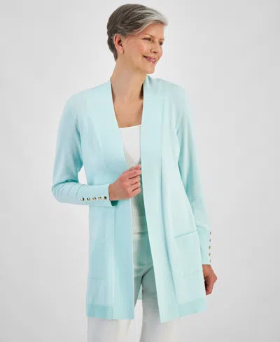 Jm Collection Petite Open-front Button-cuff Cardigan, Created For Macy's In Mystic Aqua