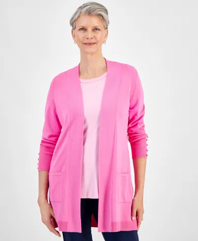 Jm Collection Petite Open-front Button-cuff Cardigan, Created For Macy's In Phlox Pink