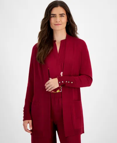 Jm Collection Petite Open-front Button-cuff Cardigan, Created For Macy's In Ruby Slippers