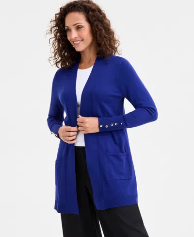 Jm Collection Petite Open-front Button-cuff Cardigan Sweater In Blue