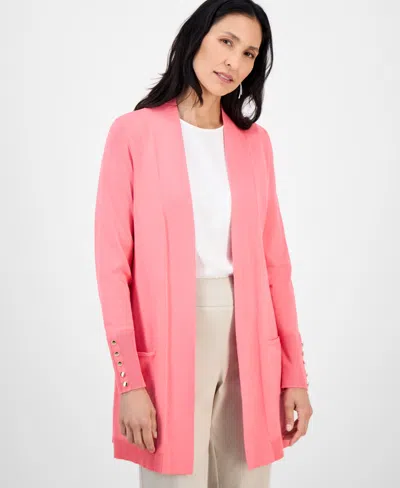 Jm Collection Petite Open-front Button-cuff Cardigan Sweater In Pink