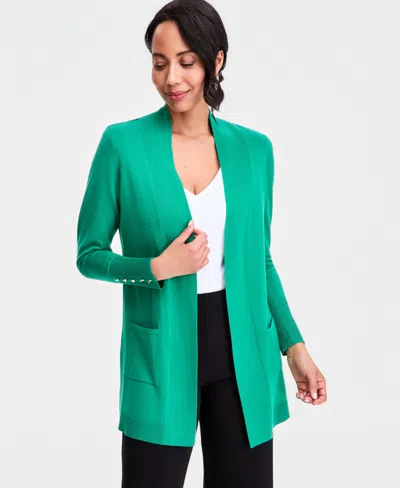 Jm Collection Petite Open-front Button-cuff Cardigan Sweater In Green