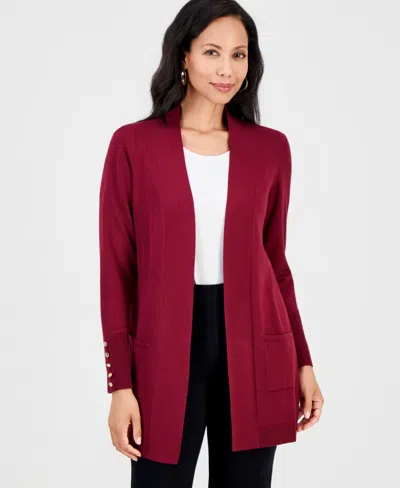 Jm Collection Petite Open-front Button-cuff Cardigan Sweater In Red
