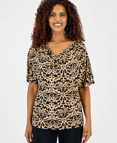 Jm Collection Petite Orchid Garden Cowl Neck Short-sleeve Top, Macy's Exclusive In Brown