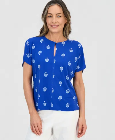 Jm Collection Petite Painted Fan Keyhole Short-sleeve Top, Macy's Exclusive In Blue
