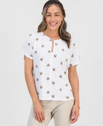 Jm Collection Petite Painted Fan Keyhole Short-sleeve Top, Macy's Exclusive In White
