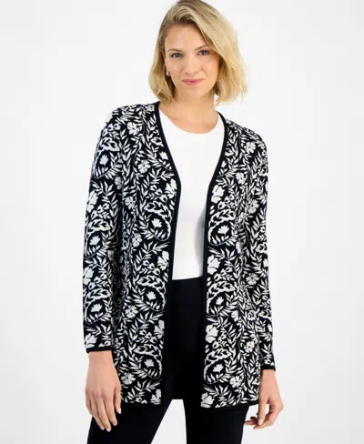 Jm Collection Petite Painted Foliage V-neck Cardigan Sweater In Black