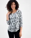 Jm Collection Petite Paisley Print Scoop-neck 3/4-sleeve T-shirt, Macy's Exclusive In Gray