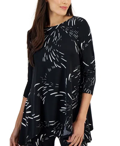 Jm Collection Petite Printed 3/4-sleeve Long Top, Created For Macy's In Deep Black Firework