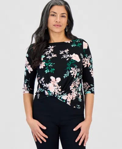 Jm Collection Petite Printed Asymmetric Twist-front Top, Macy's Exclusive In Black