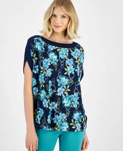 Jm Collection Petite Printed Dolman-sleeve Top, Created For Macy's In Intrepid Blue Combo