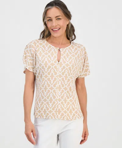 Jm Collection Petite Printed Keyhole Split-sleeve Top, Macy's Exclusive In Neutral
