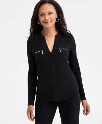 Jm Collection Petite Printed Long-sleeve Faux-pocket Top In Black