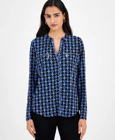 Jm Collection Petite Printed Long-sleeve Faux-pocket Top In Blue