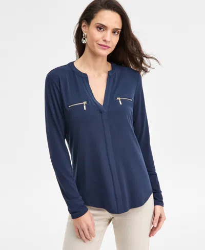 Jm Collection Petite Printed Long-sleeve Faux-pocket Top In Blue
