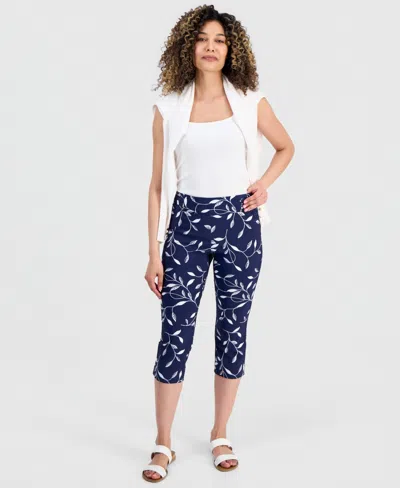 Jm Collection Petite Printed Pull-on Capri Pants, Macy's Exclusive In Intrepid Blue