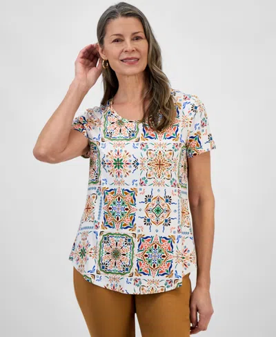 Jm Collection Petite Printed Short-sleeve Top, Exclusively At Macy's In Neo Natural