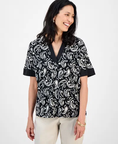 Jm Collection Petite Printed Split-neck Top, Macy's Exclusive In Black