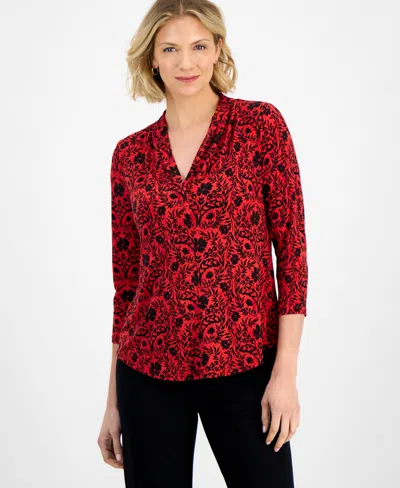 Jm Collection Petite Printed V-neck Top In Red