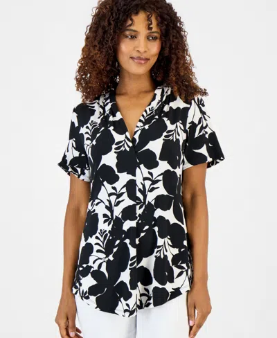 Jm Collection Petite Regal Wallpaper V-neck Top, Macy's Exclusive In Deep Black
