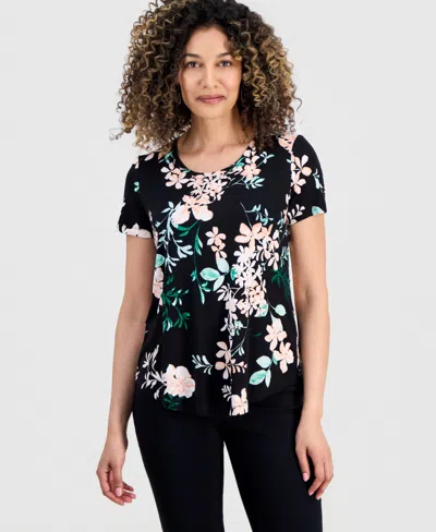 Jm Collection Petite Reve Garden Short-sleeve Top, Created For Macy's In Black