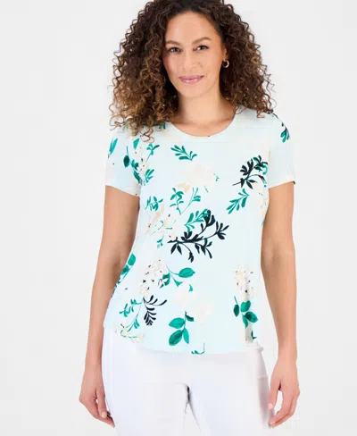 Jm Collection Petite Reve Garden Short-sleeve Top, Created For Macy's In Blue