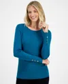 Jm Collection Women's Button-sleeve Crewneck Sweater, Created For Macy's In Blue Jewel