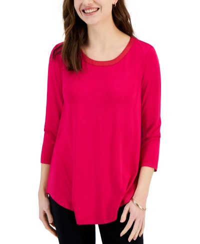 Jm Collection Women's Satin-trim 3/4 Sleeve Knit Top, Created For Macy's In Claret Rose