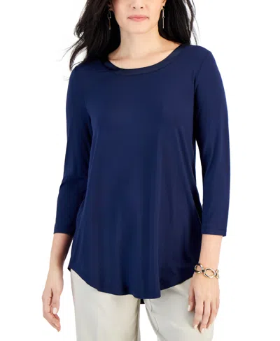 Jm Collection Petite Satin-trim 3/4-sleeve Top, Created For Macy's In Intrepid Blue Combo