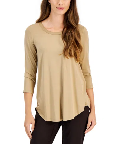 Jm Collection Petite Satin-trim 3/4-sleeve Top, Created For Macy's In New Fawn