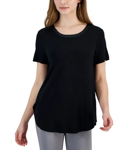 Jm Collection Petite Satin Trim Rayon Span Top, Created For Macy's In Deep Black