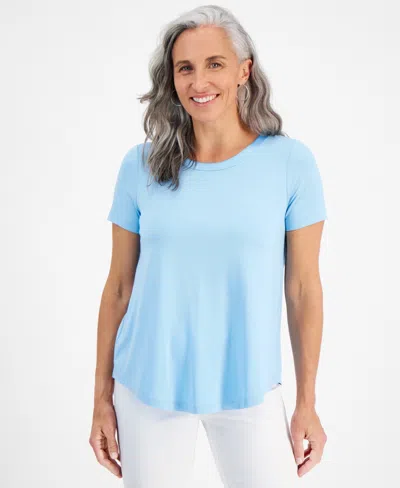 Jm Collection Petite Satin Trim Rayon Span Top, Created For Macy's In Icicle Blue