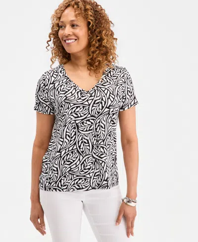 Jm Collection Petite Scattered Leaves Lace-up V-neck Top, Macy's Exclusive In Bright White