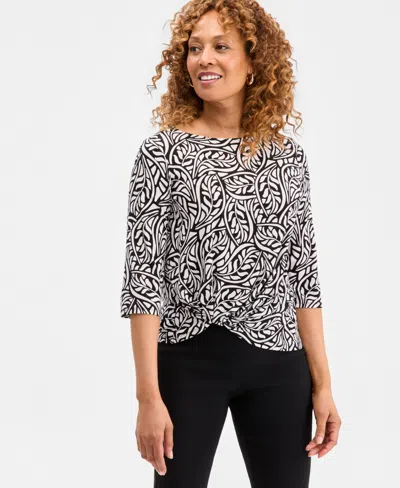 Jm Collection Petite Scattered Leaves Twist-front Boat Neck Top, Macy's Exclusive In Black
