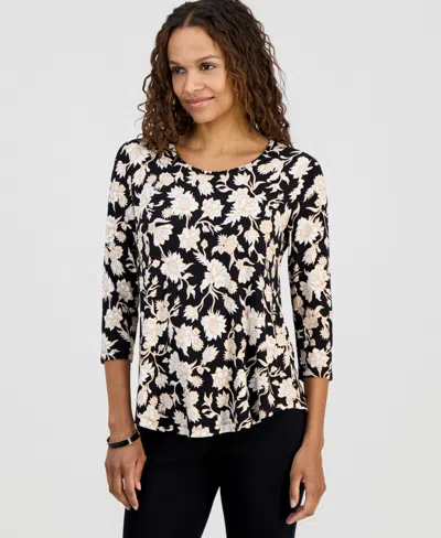 Jm Collection Petite Scoop-neck Printed 3/4-sleeve Top, Macy's Exclusive In Black