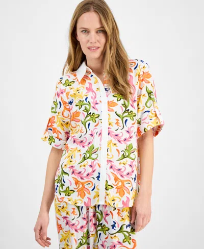 Jm Collection Petite Seline Printed Button-front Blouse, Exclusively At Macy's In White