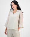 Jm Collection Petite Sequinned Split-neck 3/4-sleeve Top, Exclusively At Macy's In Gray