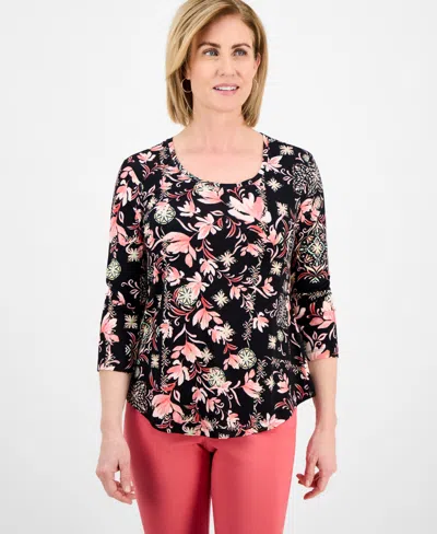 Jm Collection Petite 3/4-sleeve Top, Exclusively At Macy's In Black