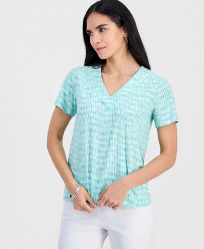 Jm Collection Petite Short-sleeve Jacquard V-neck Top, Macy's Exclusive In Blue