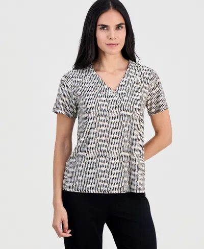 Jm Collection Petite Short-sleeve Jacquard V-neck Top, Macy's Exclusive In Black