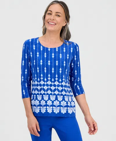 Jm Collection Petite Sienna Border 3/4-sleeve Top, Macy's Exclusive In Blue