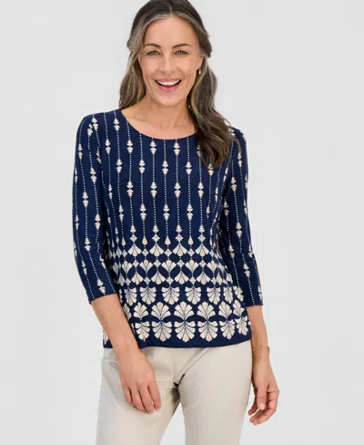 Jm Collection Petite Sienna Border 3/4-sleeve Top, Macy's Exclusive In Blue