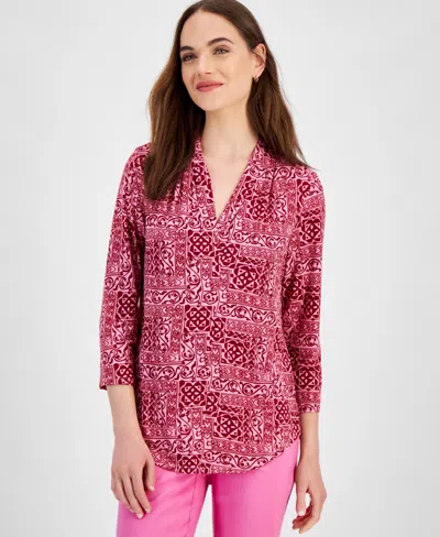 Jm Collection Petite Smara Statement V-neck 3/4-sleeve Top, Created For Macy's In Blossom Berry Combo