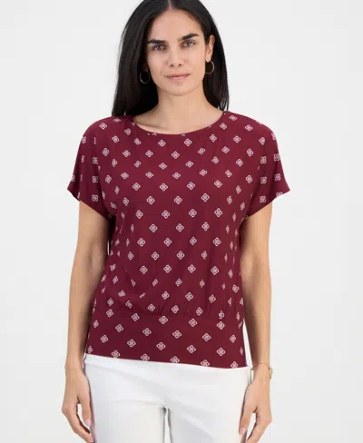 Jm Collection Petite Sofia Tile Banded-hem Boat-neck Top, Macy's Exclusive In Burgundy