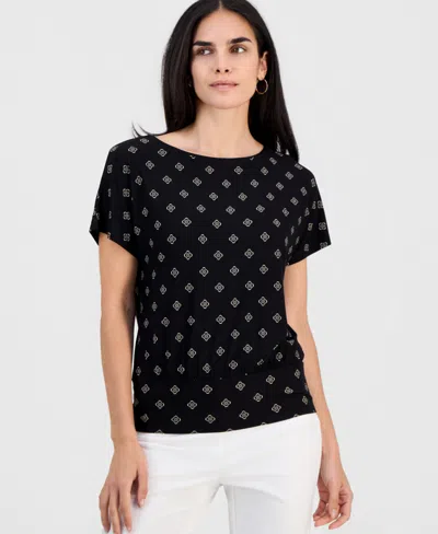 Jm Collection Petite Sofia Tile Banded-hem Boat-neck Top, Macy's Exclusive In Multi