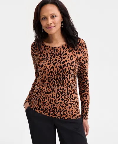 Jm Collection Petite Soft Spots Crewneck Long-sleeve Top, Macy's Exclusive In Animal Print