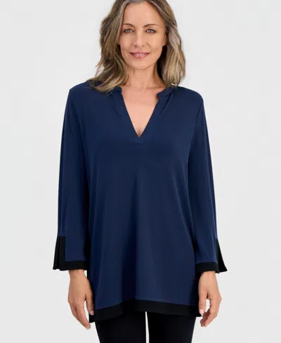 Jm Collection Petite Solid 3/4-sleeve Splitneck Side-slit Tunic, Macy's Exclusive In Blue