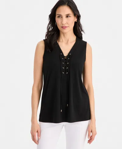 Jm Collection Petite Solid Lace-up Tank Top, Macy's Exclusive In Black