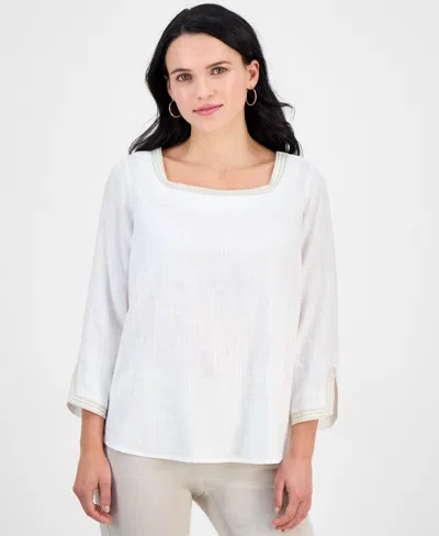 Jm Collection Petite Square-neck Rope-trim 3/4-sleeve Top, Exclusively At Macy's In White