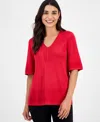 Jm Collection Petite Textured-knit V-neck Short-sleeve Sweater, Exclusively At Macy's In Red